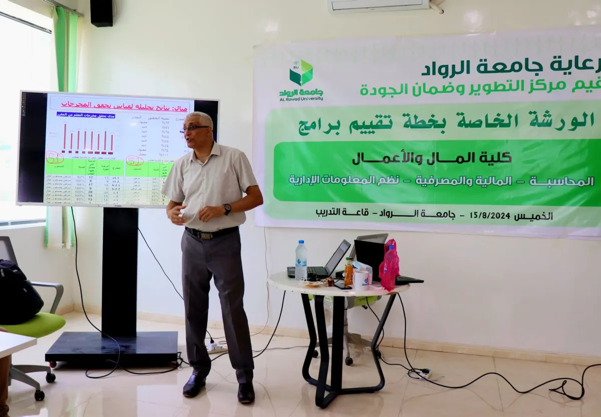 جامعة الرواد تنجز ورشة تقييم برامج كلية المال والأعمال وفق معايير الاعتماد الأكاديمي